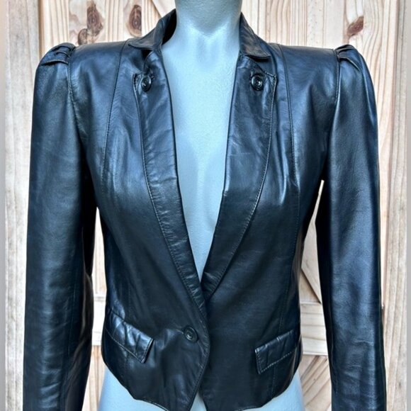 Vintage Retro 70s Wilsons Black Cropped Leather Tuxedo Style Jacket~S~ - Picture 2 of 9